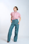 CHARLOTTE High Neck Button Down Top (RED LINEN)
