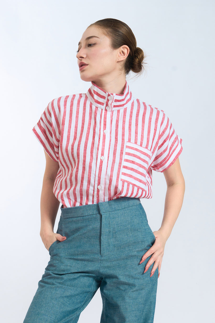 CHARLOTTE High Neck Button Down Top