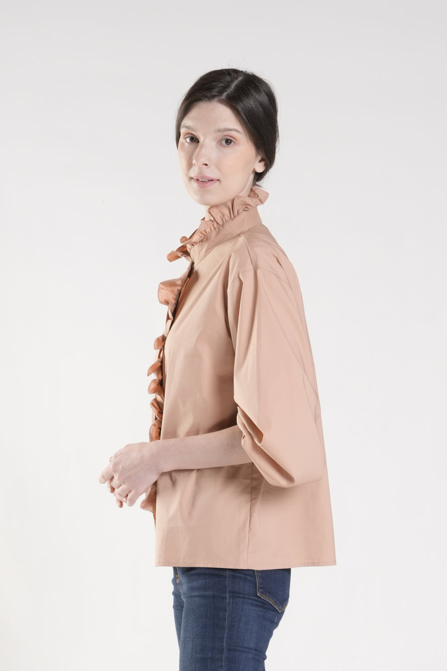 MARA Ruffle Neck and Placket Top (Caramel)