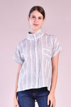 CHARLOTTE High Neck Button Down Top (Blue and White Linen)