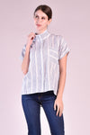 CHARLOTTE High Neck Button Down Top (Blue and White Linen)