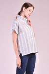 CHARLOTTE High Neck Button Down Top (Blue and White Linen)