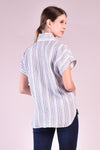 CHARLOTTE High Neck Button Down Top (Blue and White Linen)