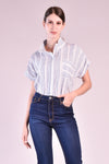 CHARLOTTE High Neck Button Down Top (Blue and White Linen)