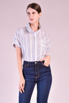 CHARLOTTE High Neck Button Down Top (Blue and White Linen)