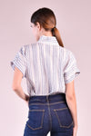 CHARLOTTE High Neck Button Down Top (Blue and White Linen)