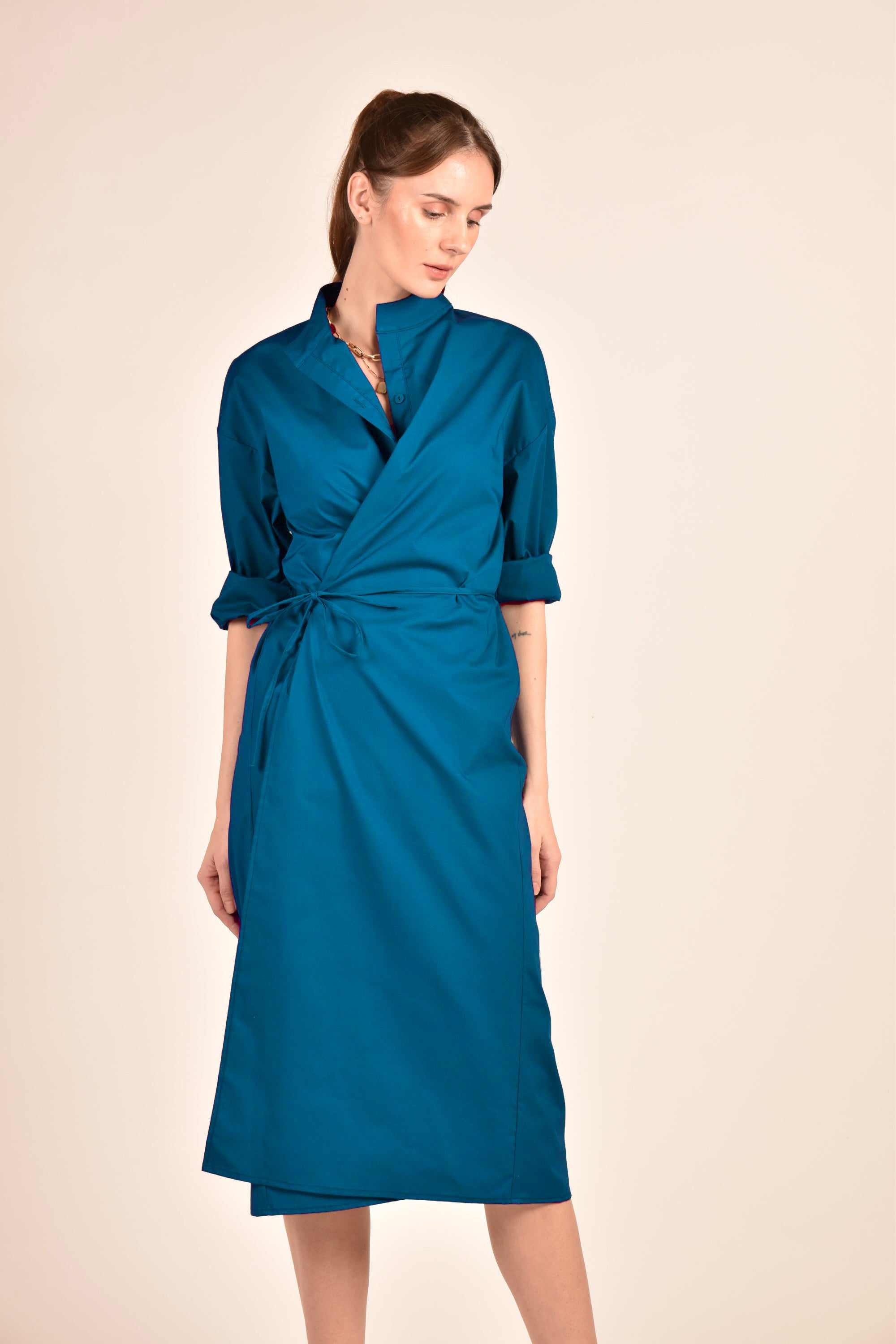 HELENA Button Down Wrap Dress Ocean Blue