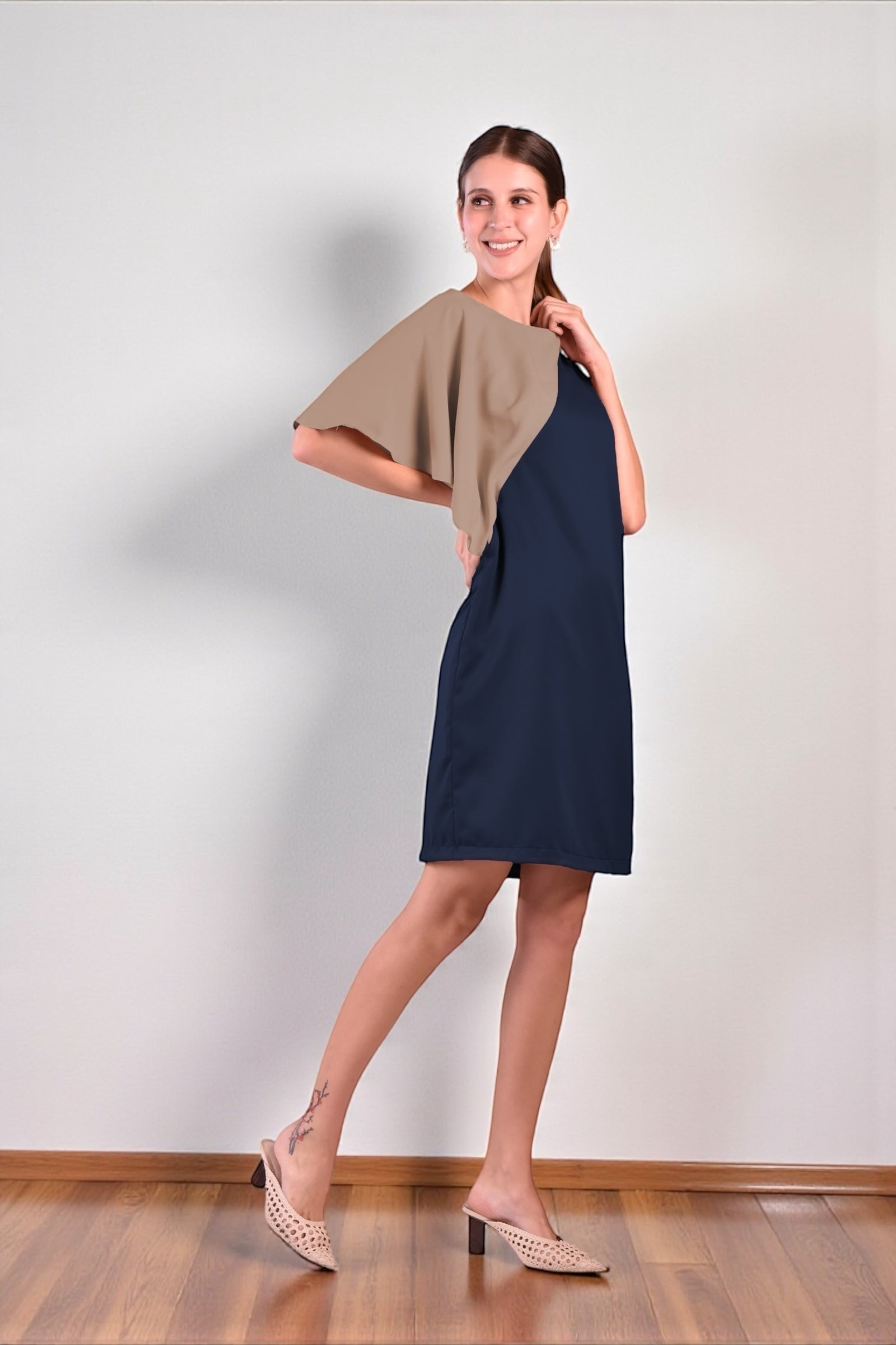 LORENA Colorblocked Asymmetrical Dress (Navy and Taupe)