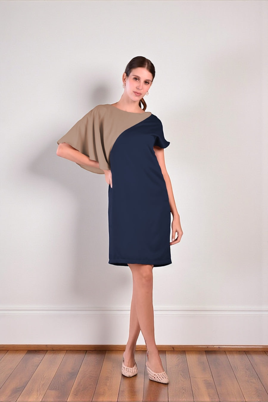LORENA Colorblocked Asymmetrical Dress (Navy and Taupe)