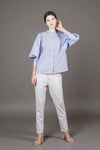 OSHIRO Bishop Sleeve Top (Blue Pinstripes)