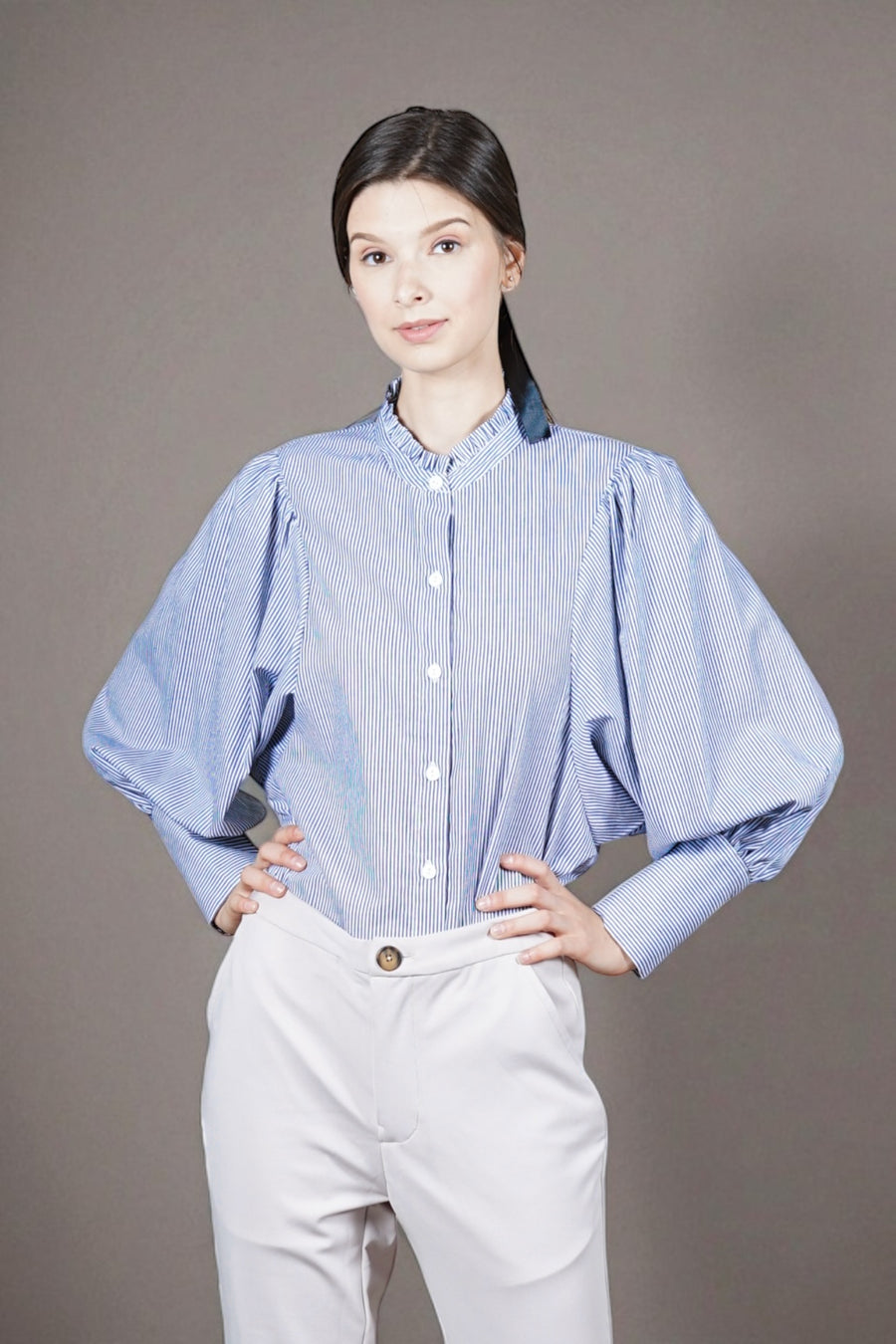 OSHIRO Bishop Sleeve Top (Blue Pinstripes)