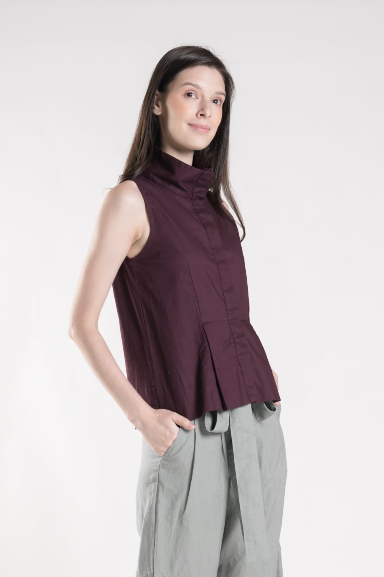 SHIREEN Sleeveless High Collar Top (Plum)