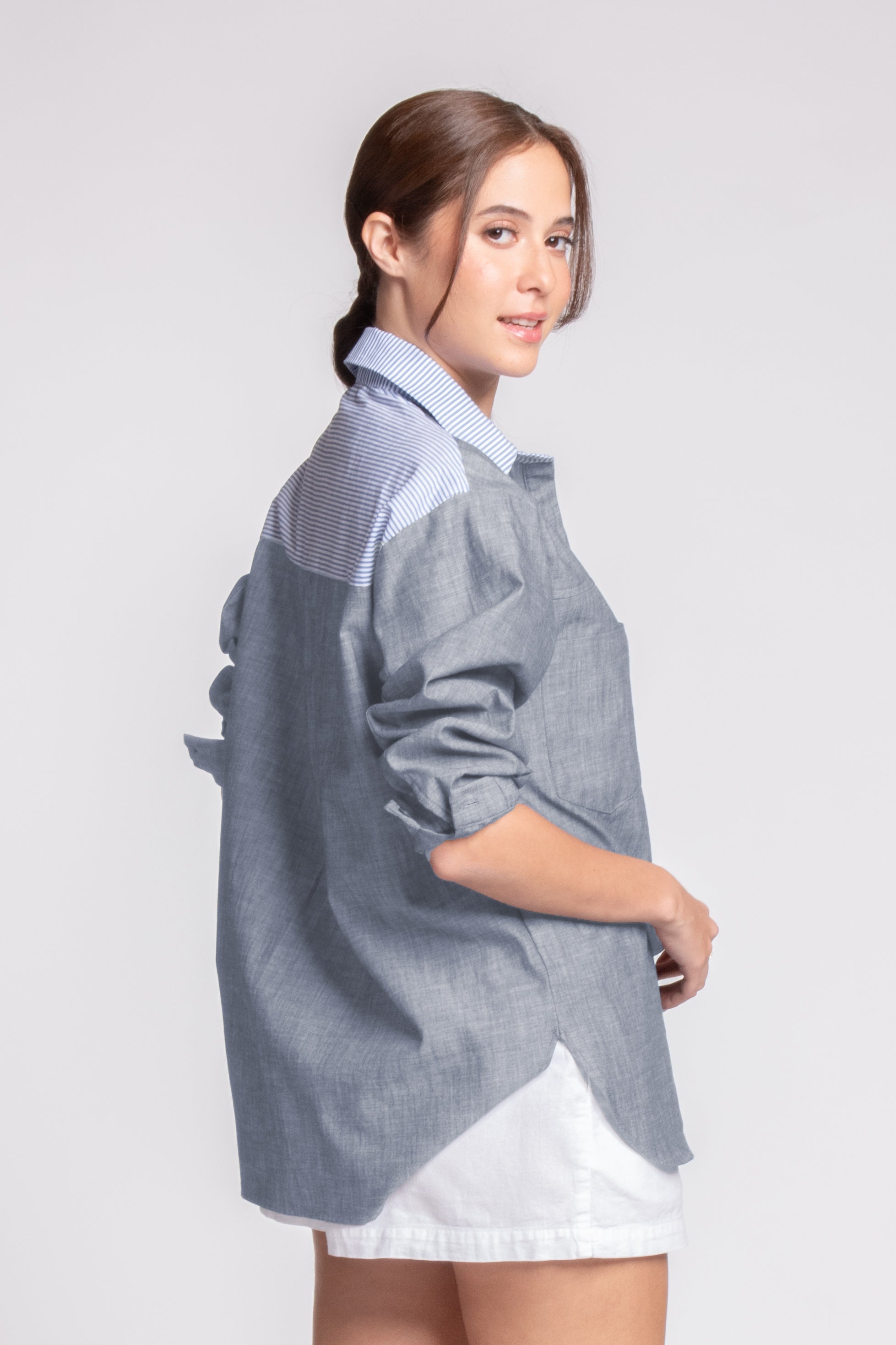 TIMARU Blocked Long Sleeved Top (CHAMBRAY + STRIPES)