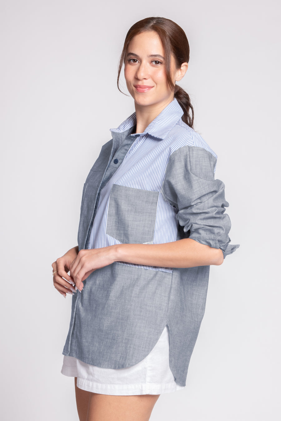 TIMARU Blocked Long Sleeved Top (CHAMBRAY + STRIPES)