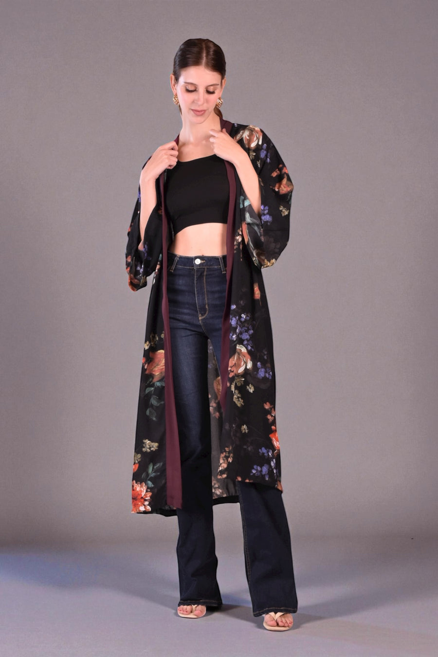 ANELA Long Kimono (Black Floral)