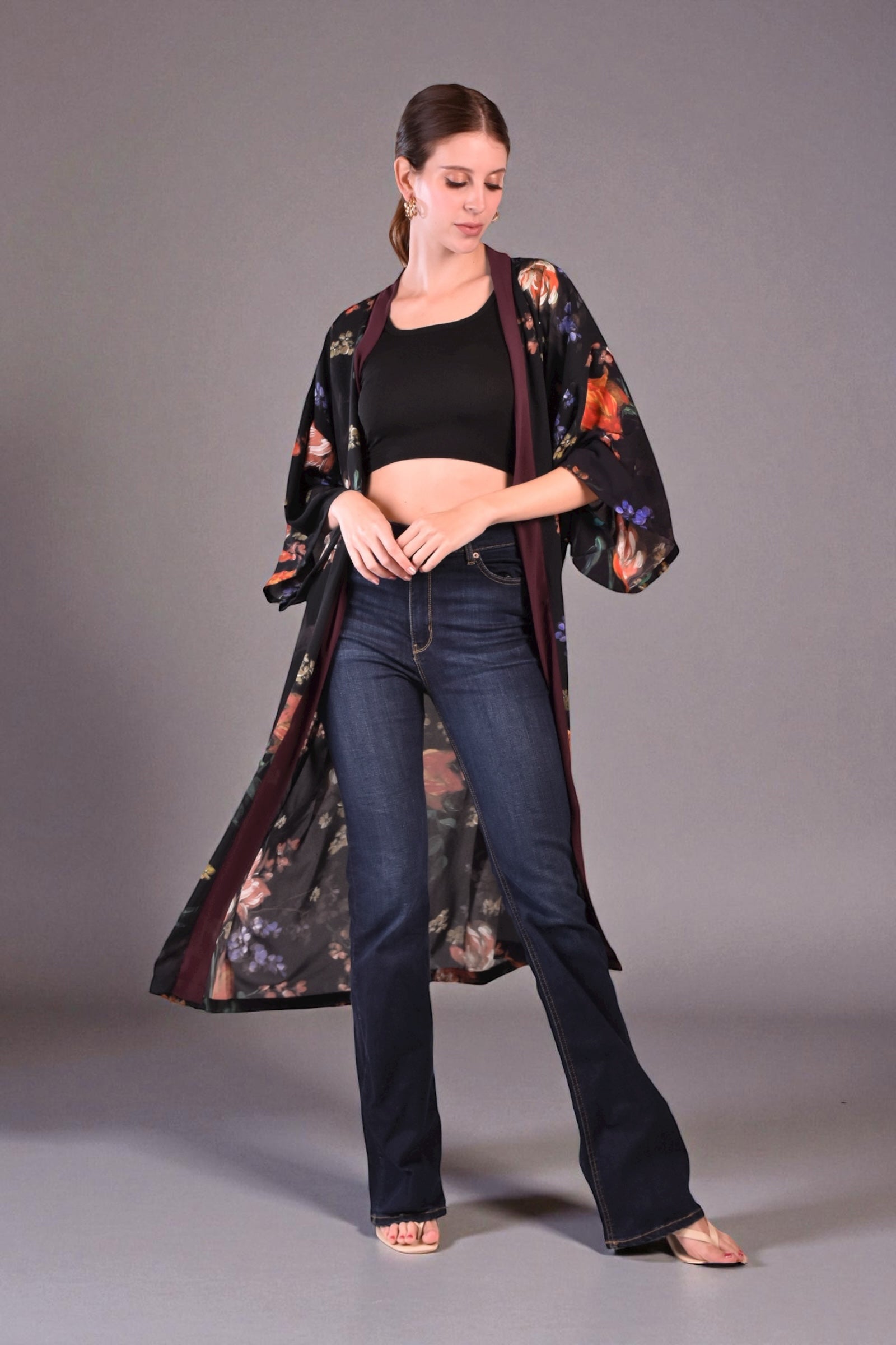 ANELA Long Kimono (Black Floral)