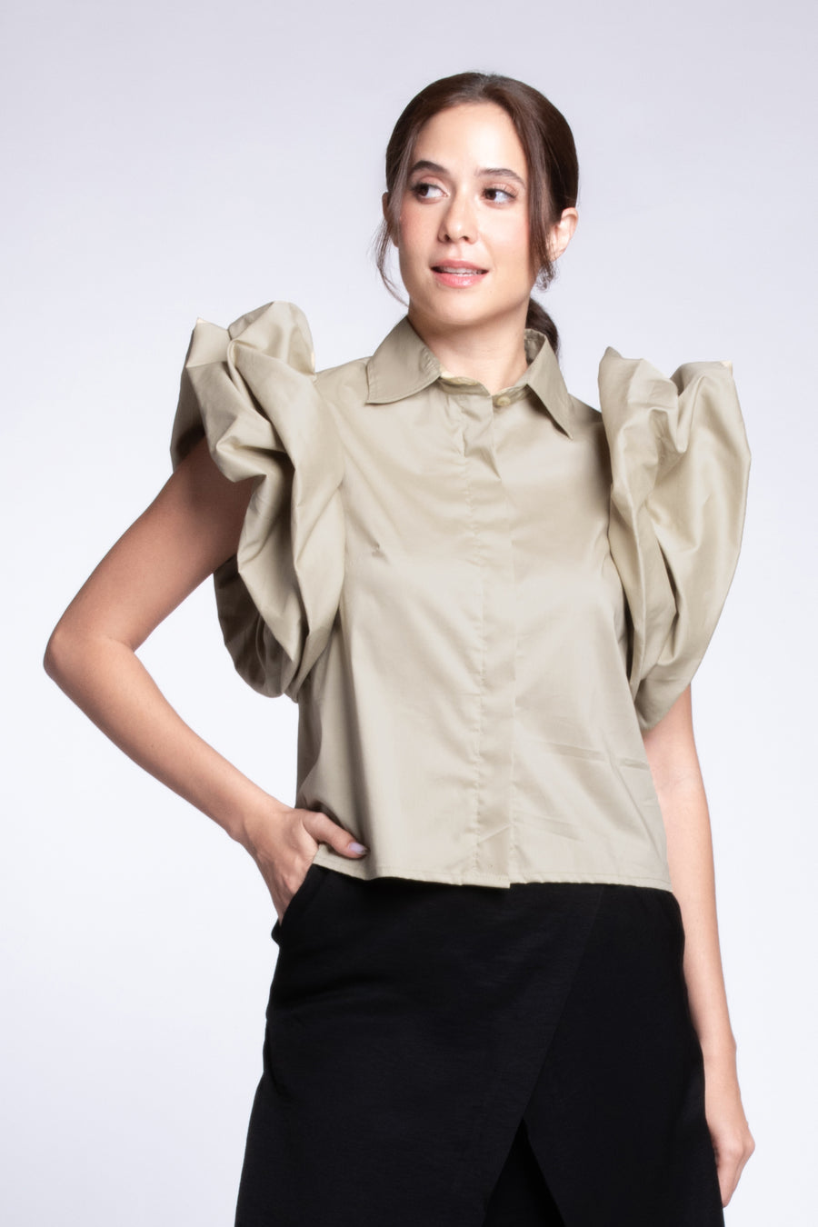 BEAUMONT Ruffle Sleeve Top (Khaki)