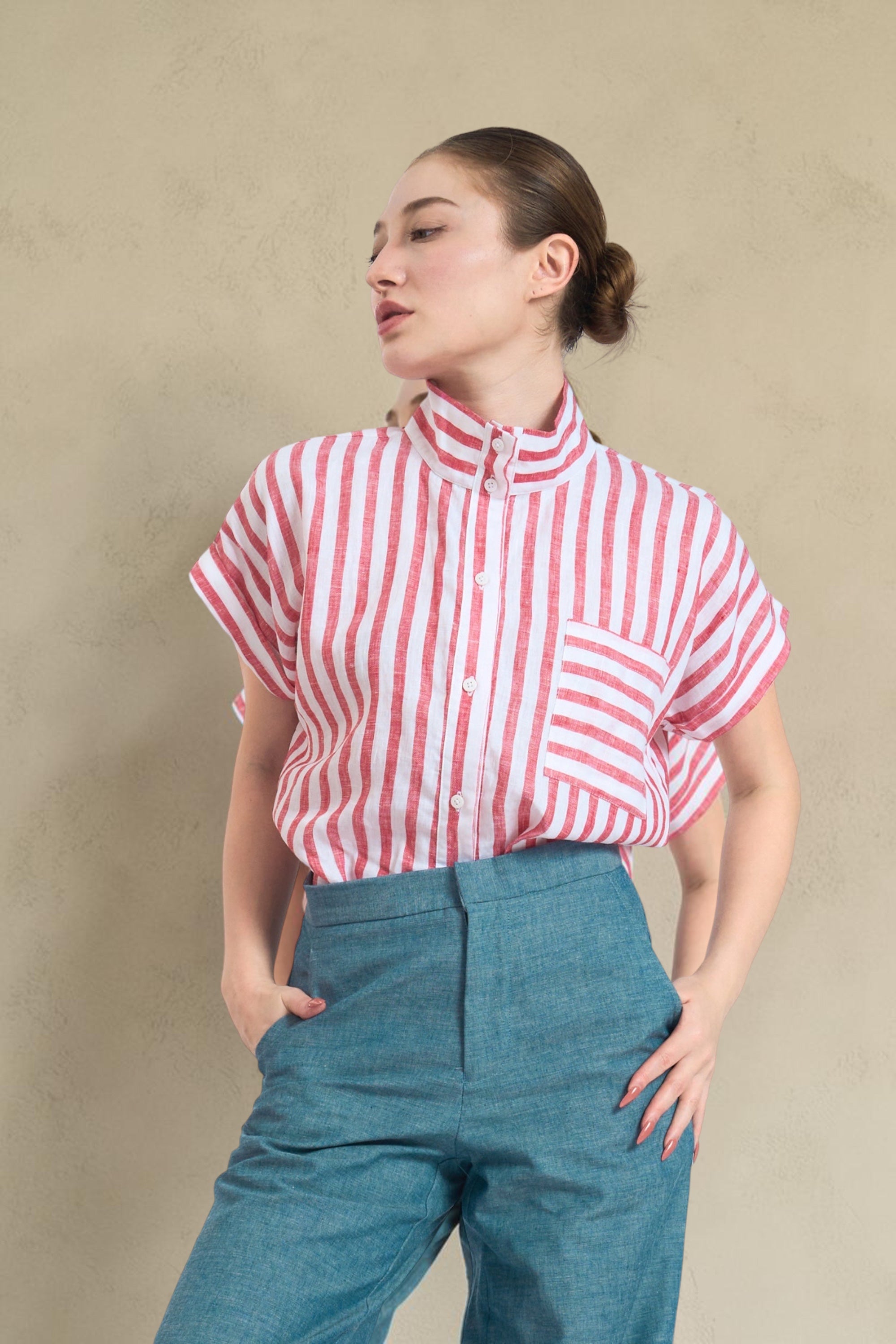CHARLOTTE High Neck Button Down Top
