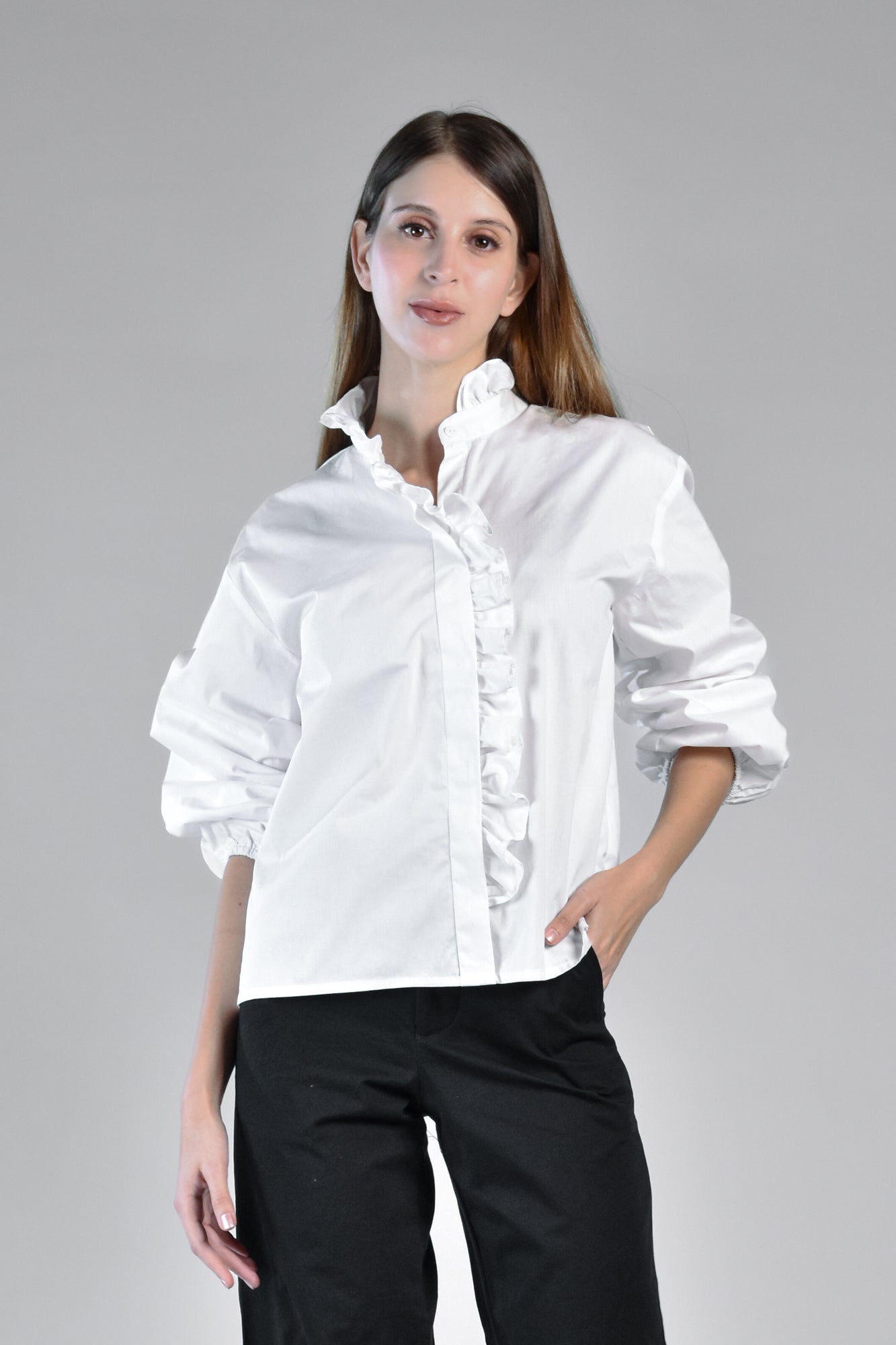 MARA Ruffle Neck and Placket Top (White)