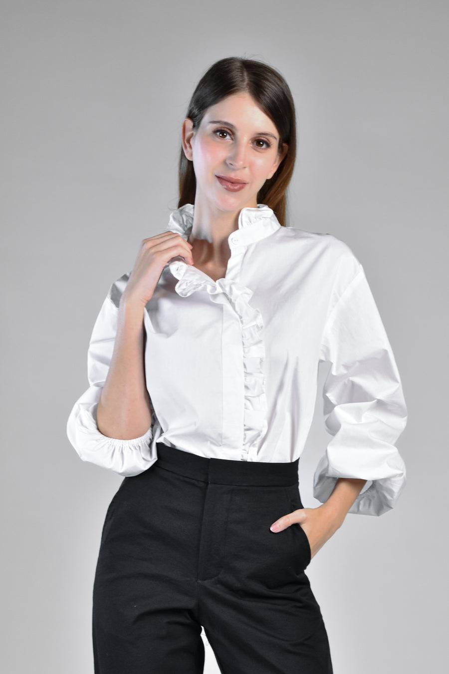 MARA Ruffle Neck and Placket Top (White)