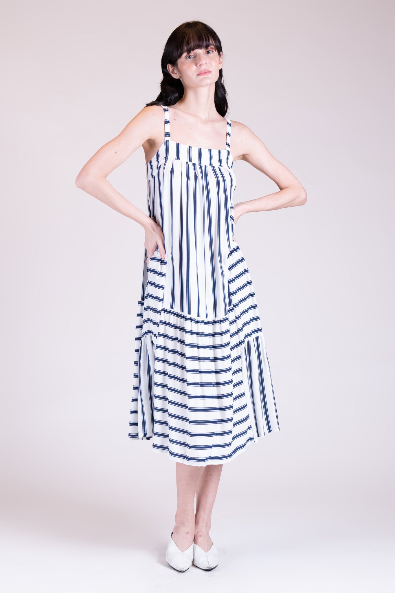 FOXGLOVE Cutout Midi Dress (Blue Stripes)