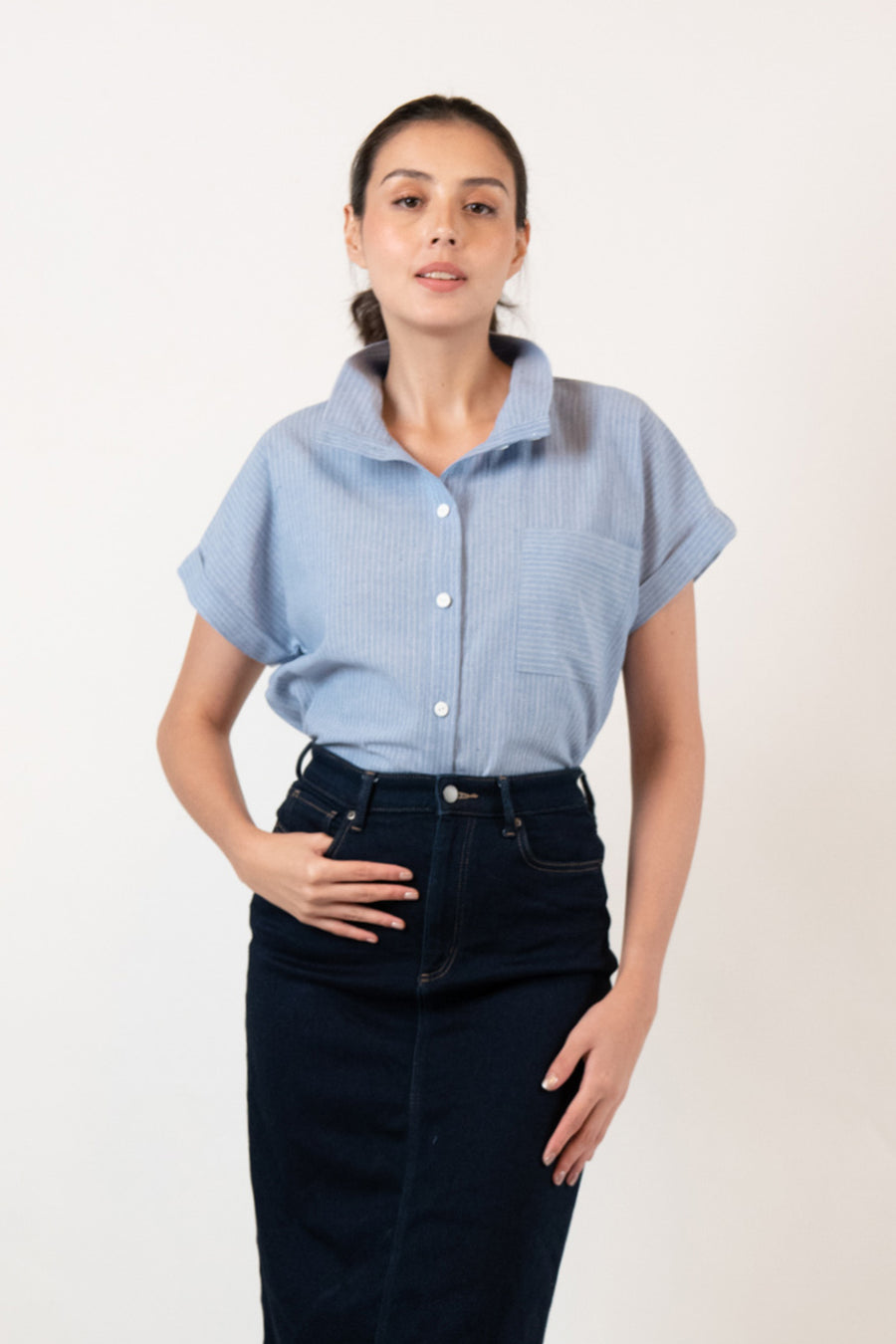 CHARLOTTE High Neck Button Down Top (Blue)
