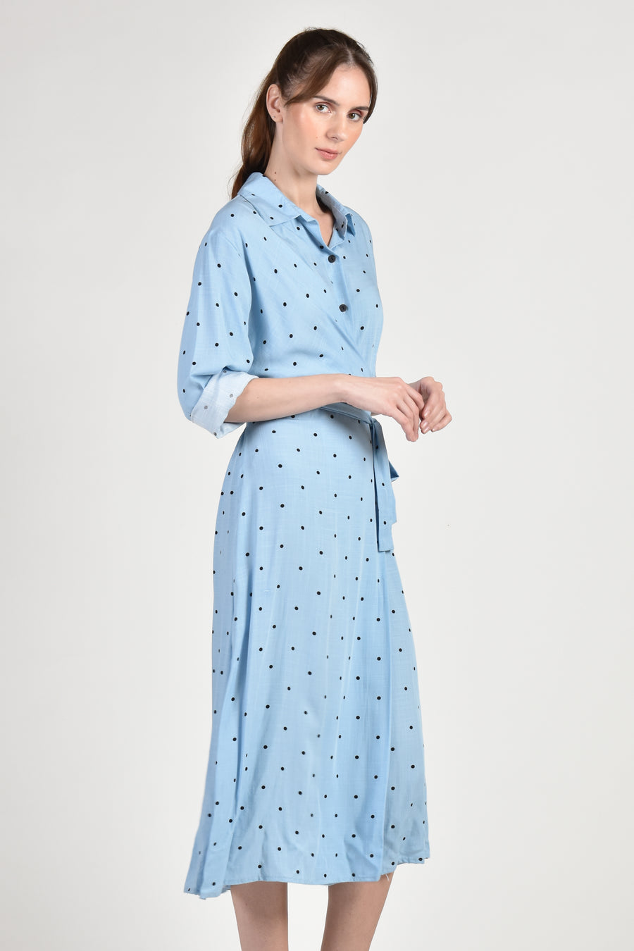 CORDELIA Faux Wrap Dress (Blue Polka Dot)