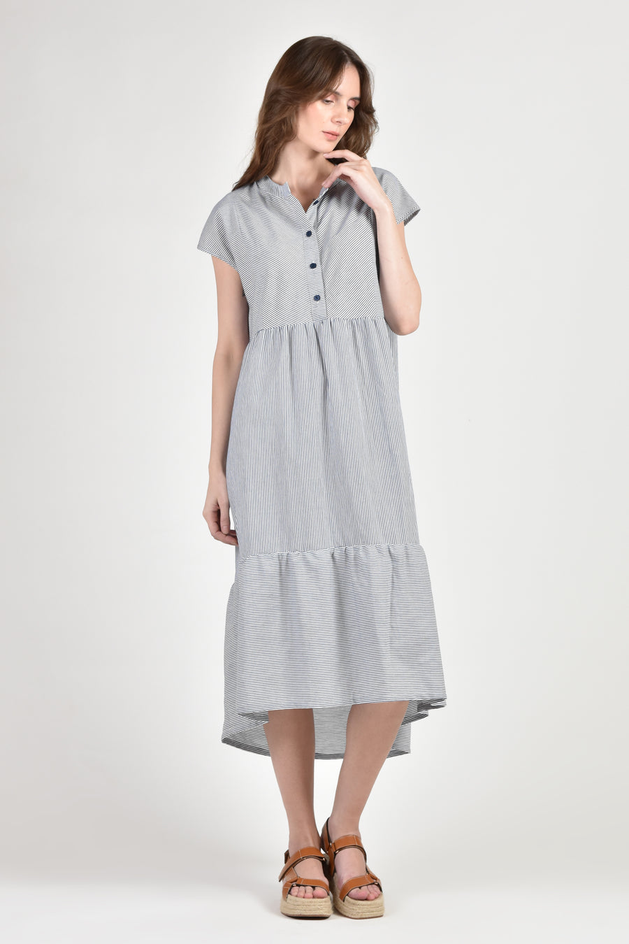 FIONA Tiered Dress (Blue Pinstripes)