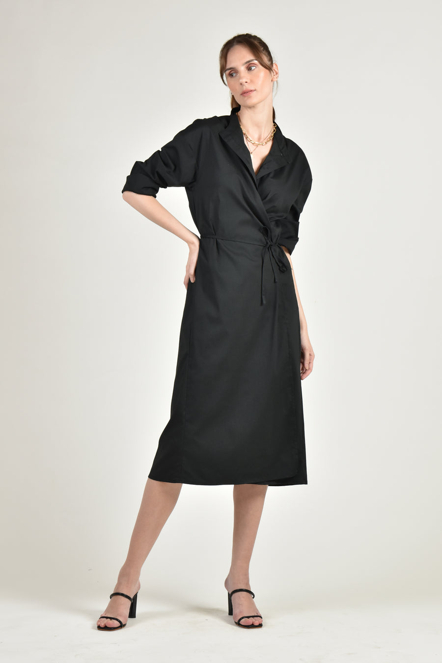 HELENA Button Down Wrap Dress (Black)