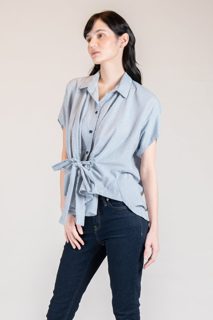 LANGKAWI Drawstring Waist Top (Blue Pinstripes)