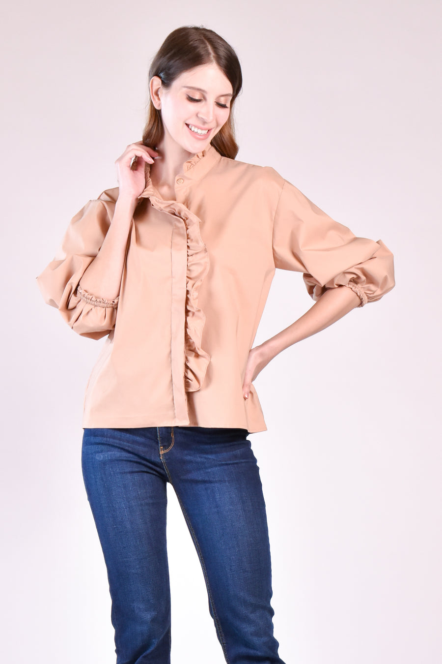 MARA Ruffle Neck and Placket Top (Caramel)