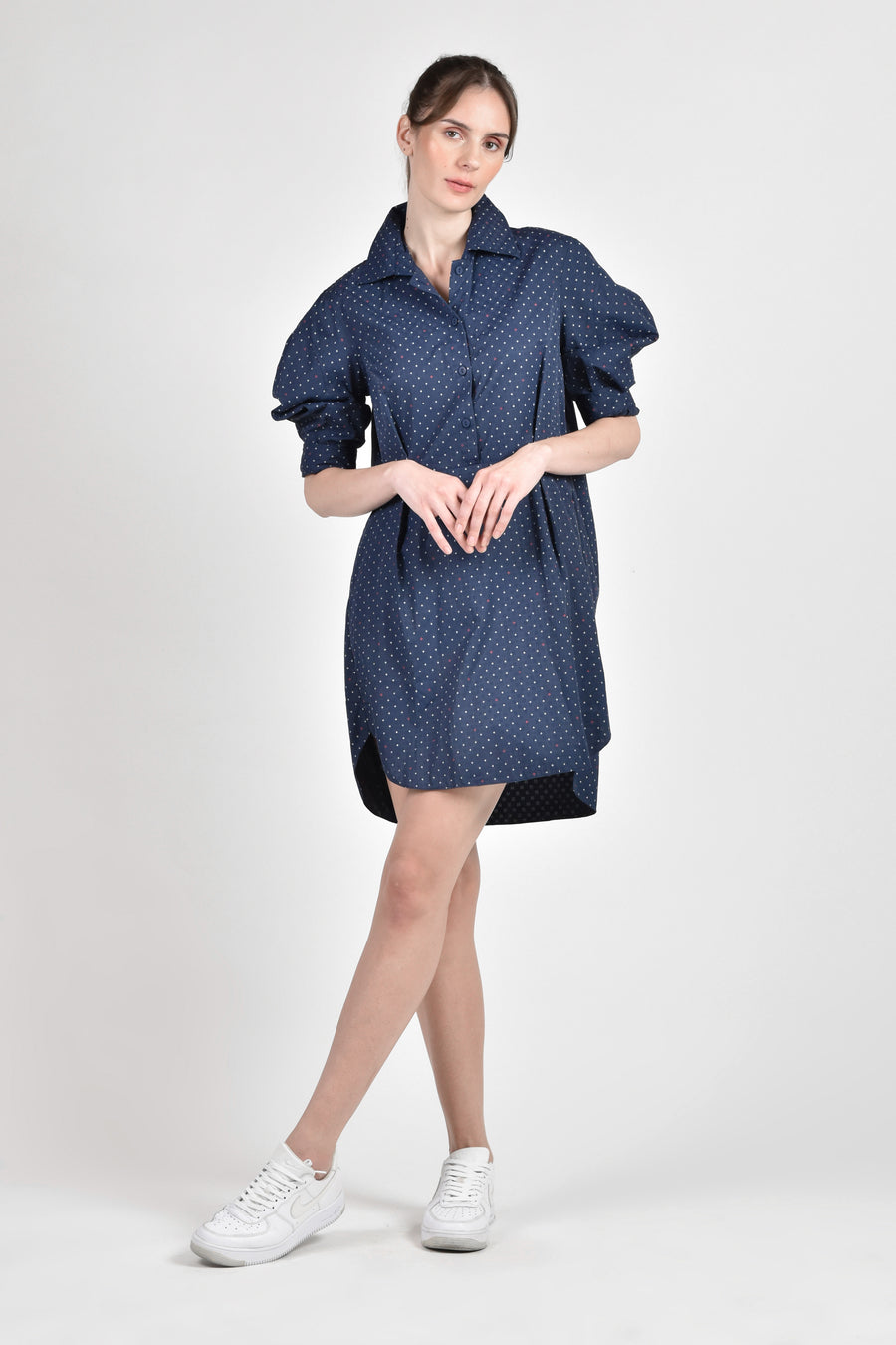 NEVILL Shirtdress with Pleat Detail (Dotted Navy)