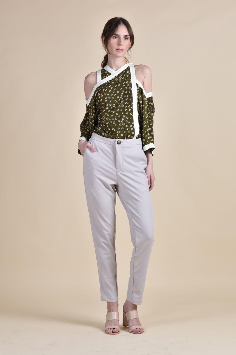 NYX Cold Shoulder Top (Olive Dots)