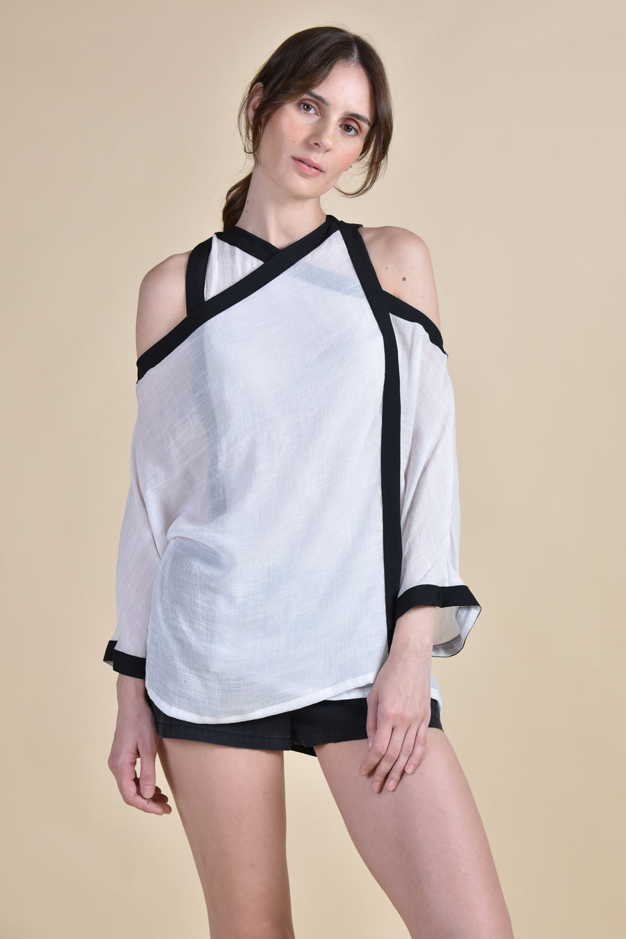 NYX Cold Shoulder Top (White with Black Trim)