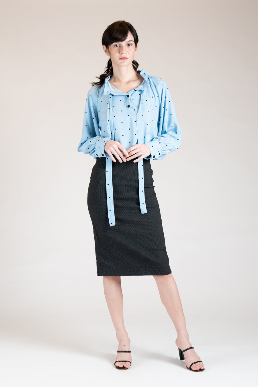 OCCITANIE Drawstring Collar Top (Baby Blue Polka)