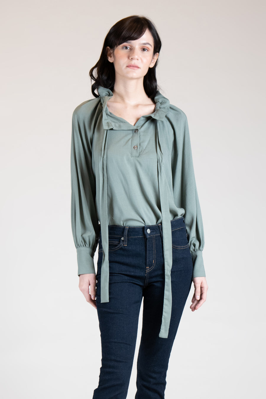 OCCITANIE Drawstring Collar Top (Sage)