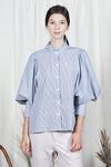 OSHIRO Bishop Sleeve Top (Blue Pinstripes)