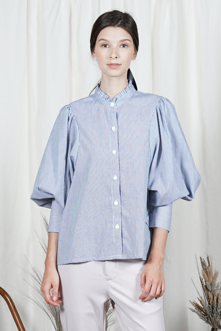 OSHIRO Bishop Sleeve Top (Blue Pinstripes)