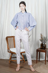 OSHIRO Bishop Sleeve Top (Blue Pinstripes)