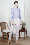 OSHIRO Bishop Sleeve Top (Blue Pinstripes)