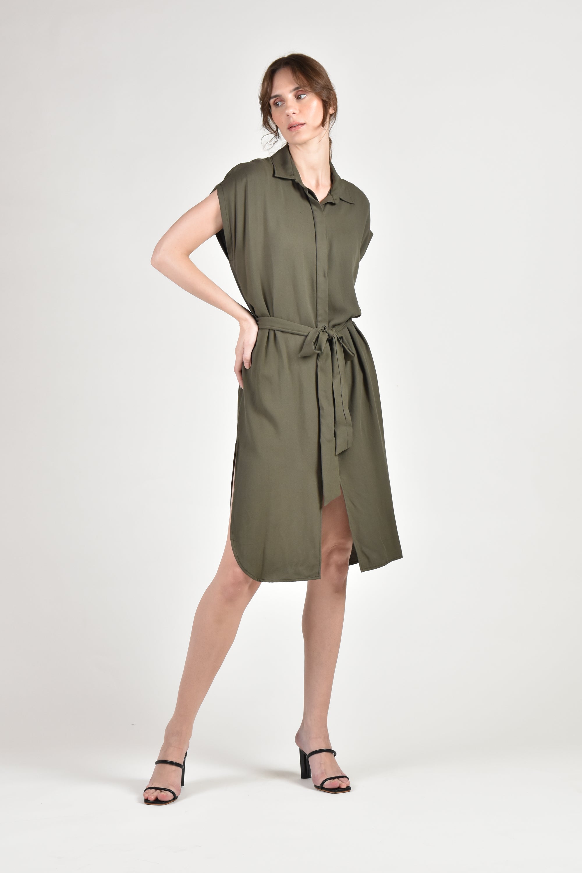 Army green button down dress 2025